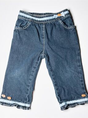 Vintage Y2K Gymboree Goldfish Theme Ruffle Hem Denim Pants Fish Buttons Whimsy